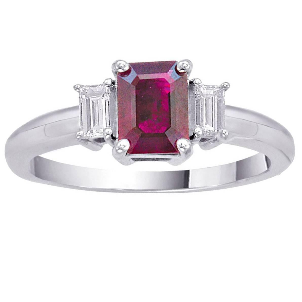 Emerald Cut Cushion Ruby Diamond Gold Ring 1.28 Carat