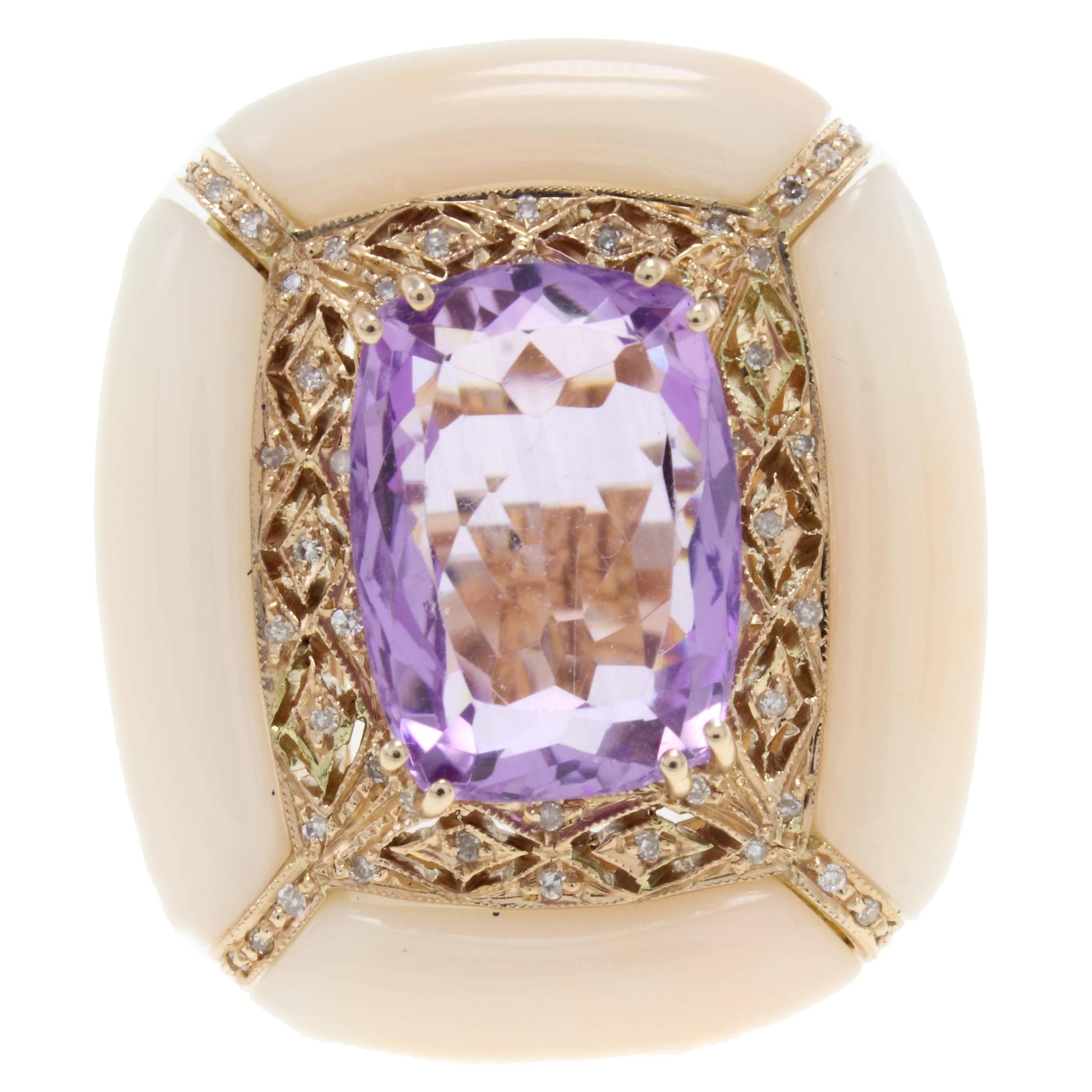 Amethyst Pink Coral Diamond Gold Ring