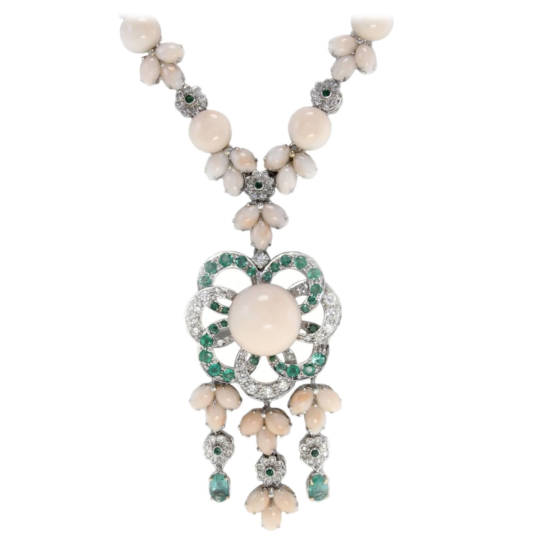 Emeralds, Diamonds Buttons and Little Drops Corals, White Gold, Link Necklac