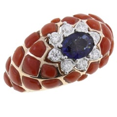 Sapphire Coral Diamond Gold Ring
