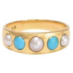 Antique 1880s Victorian Turquoise Pearl Gold Gypsy Ring