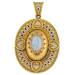 1880s Antique Enamel Opal Diamond Locket Pendant 