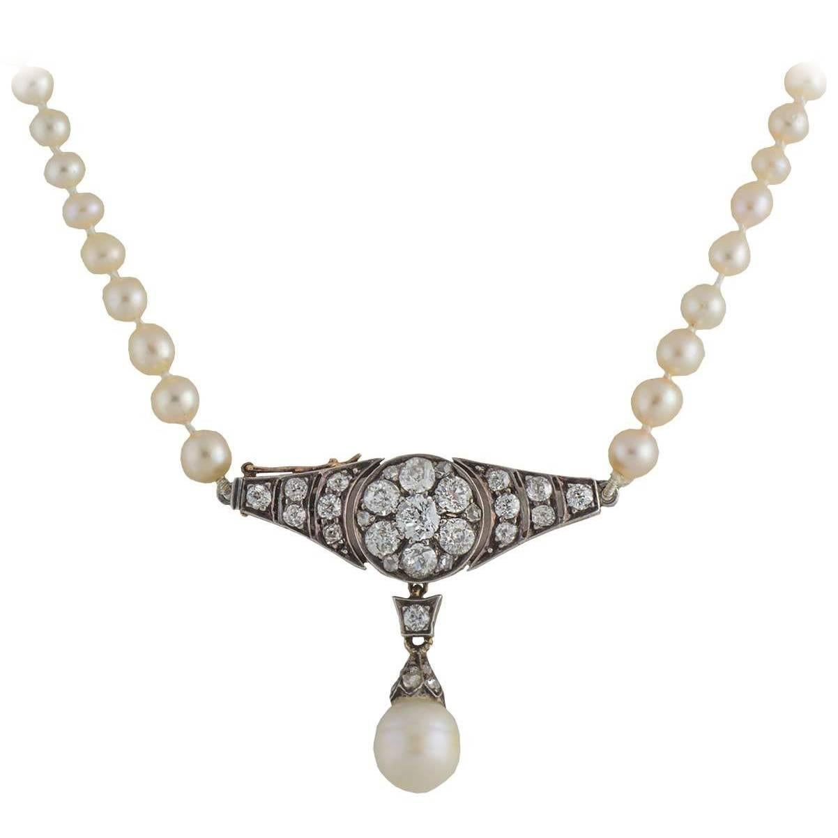 20th Century Natural Pearl & Diamond Necklace 