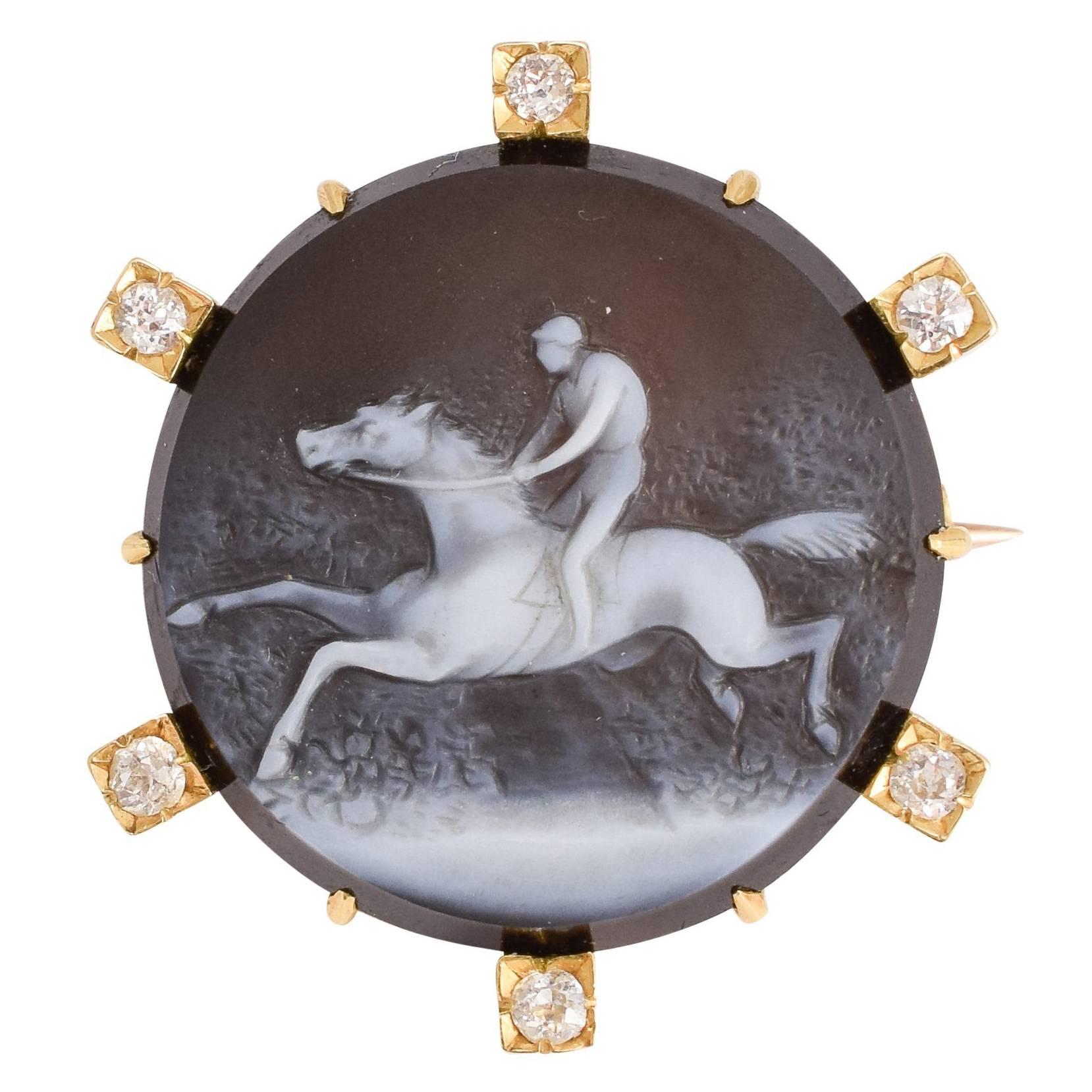 Victorian Horse and Jockey Onyx Cameo Diamond Brooch