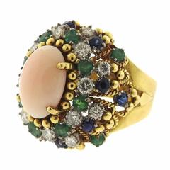 1960s Angel Skin Coral Sapphire Emerald Diamond Gold Ring