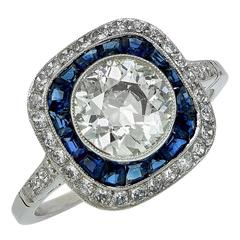 1.65 Carat European Cut Diamond Sapphire Platinum Engagement Ring 11