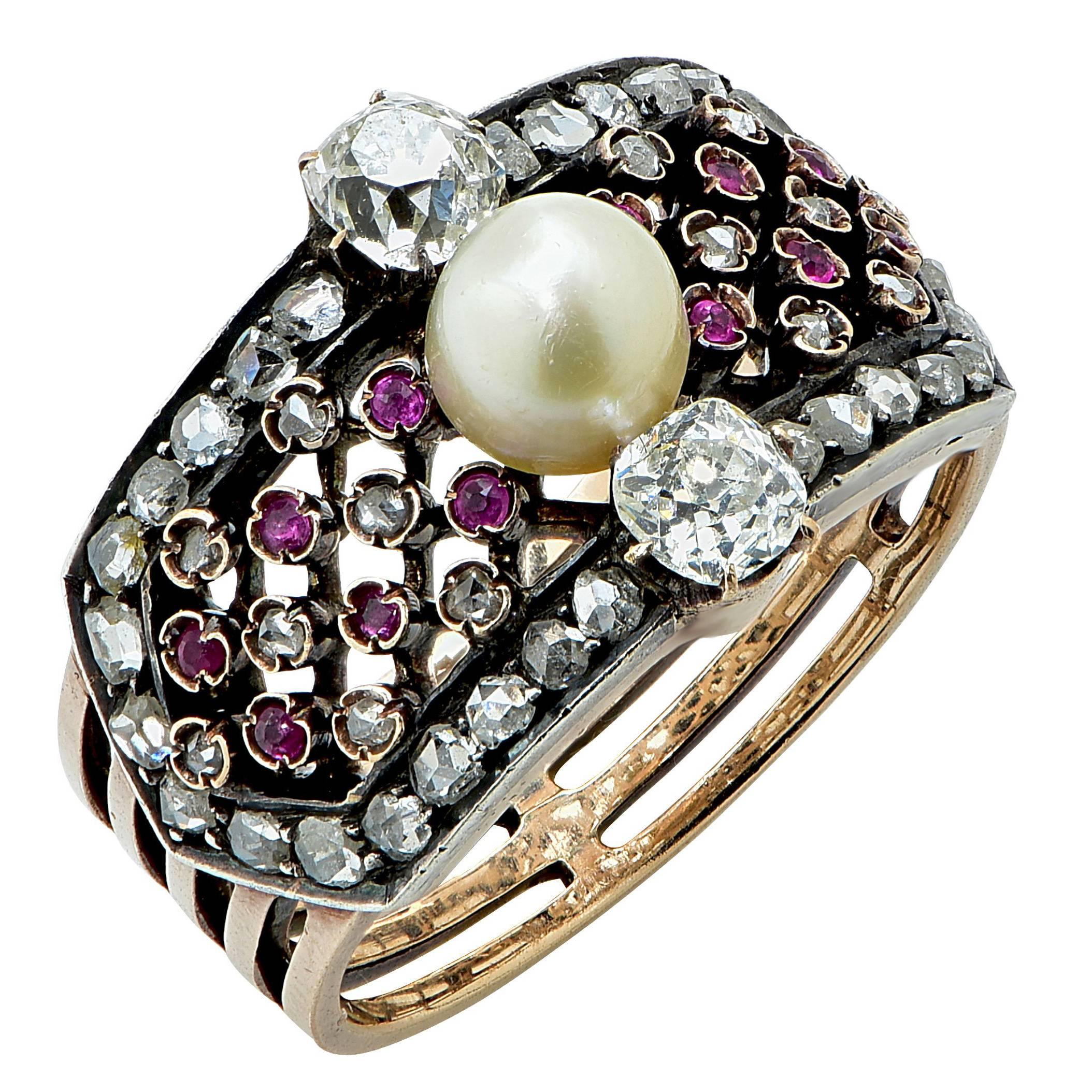 Antique Victorian Natural Pearl Ruby Diamond Ring