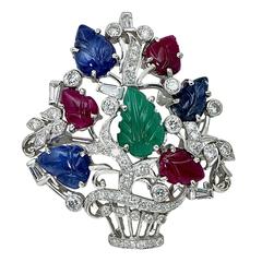Sapphire Ruby Emerald Diamond Platinum Brooch