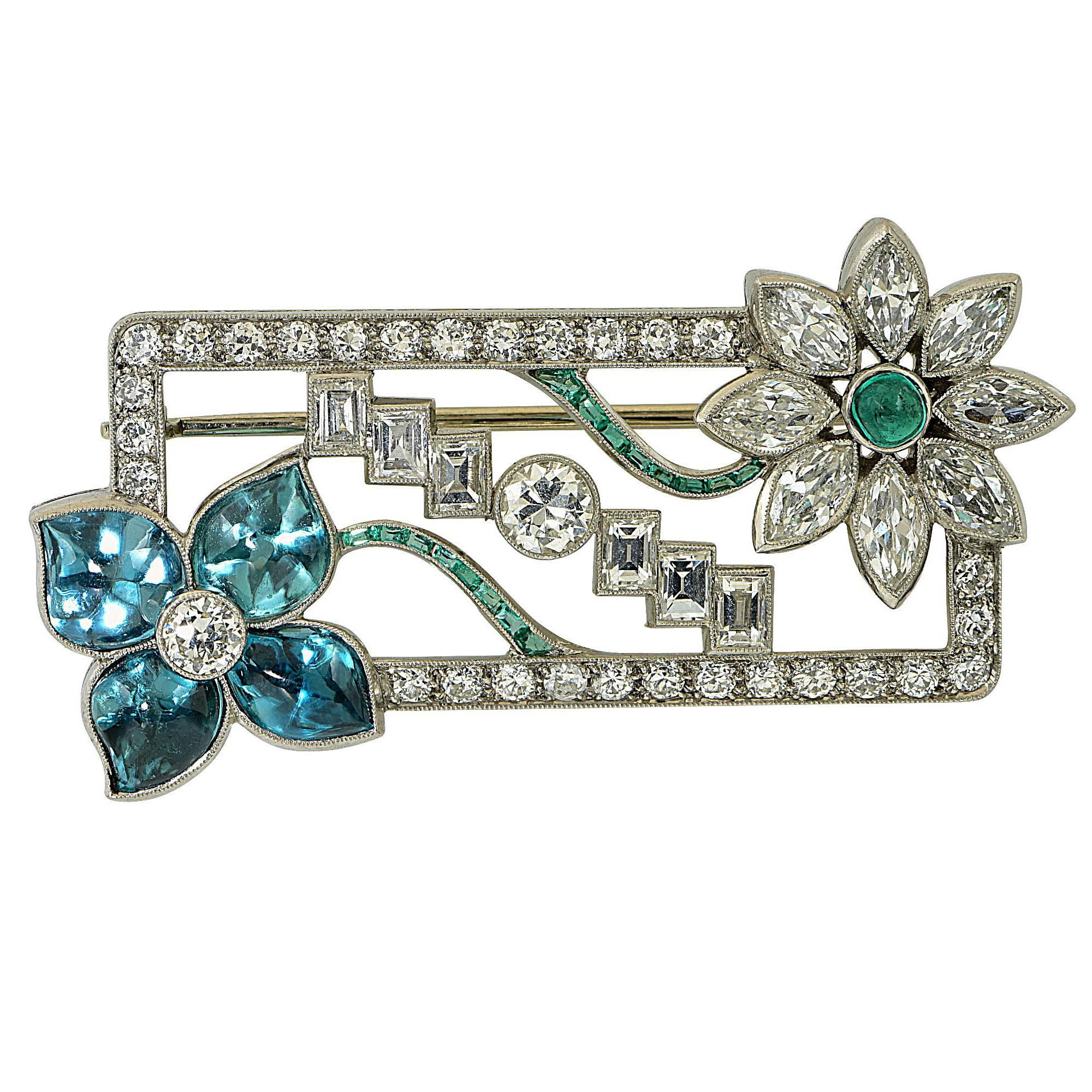 Art Deco Diamond Zircon Emerald Flower Brooch