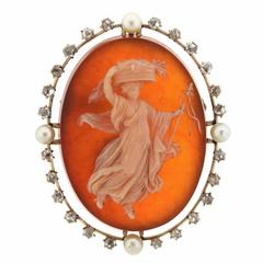 Antique Cameo Pearl Diamond Hardstone Gold Brooch Pendant 9