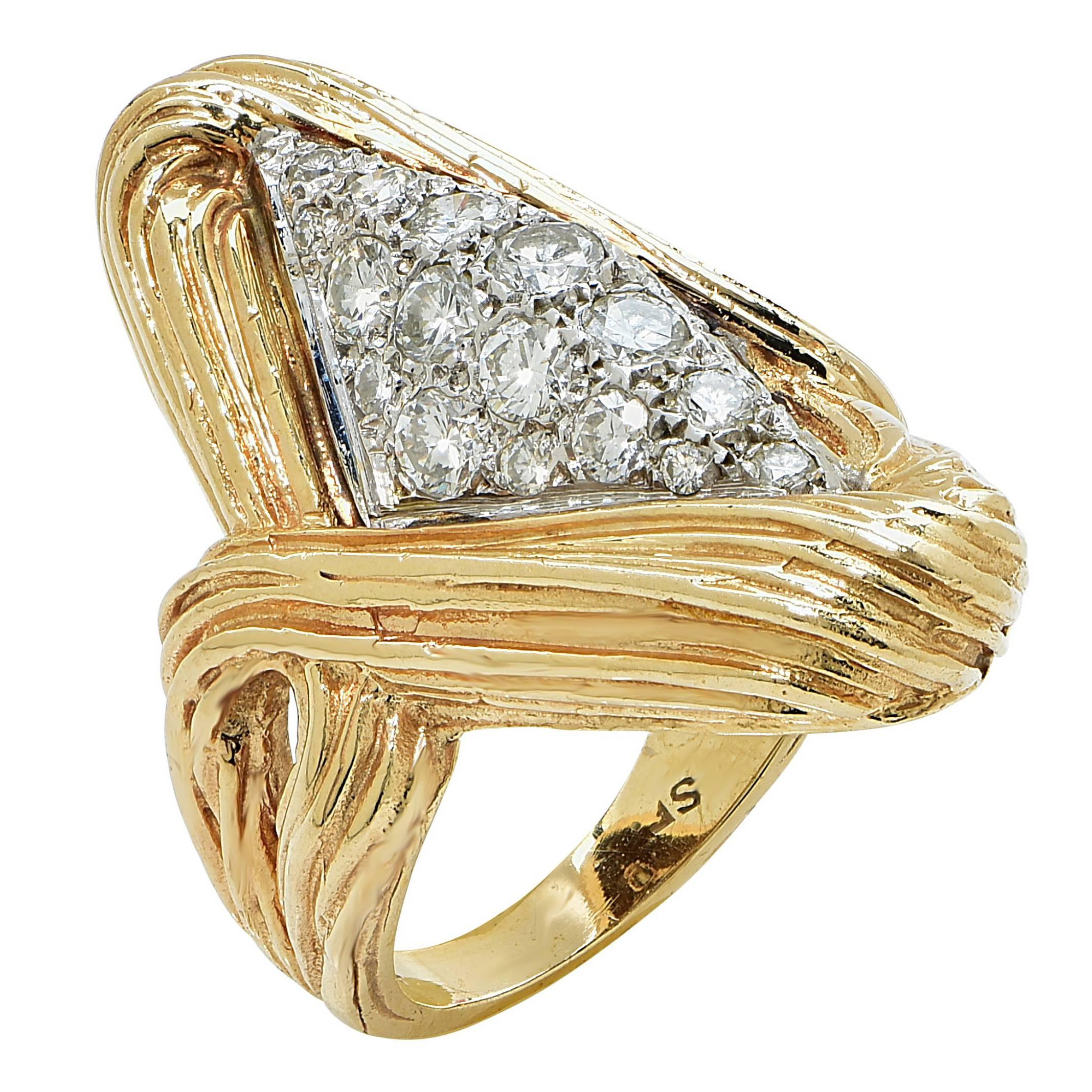 1970s Sculptural Diamond Two Color Gold Ring