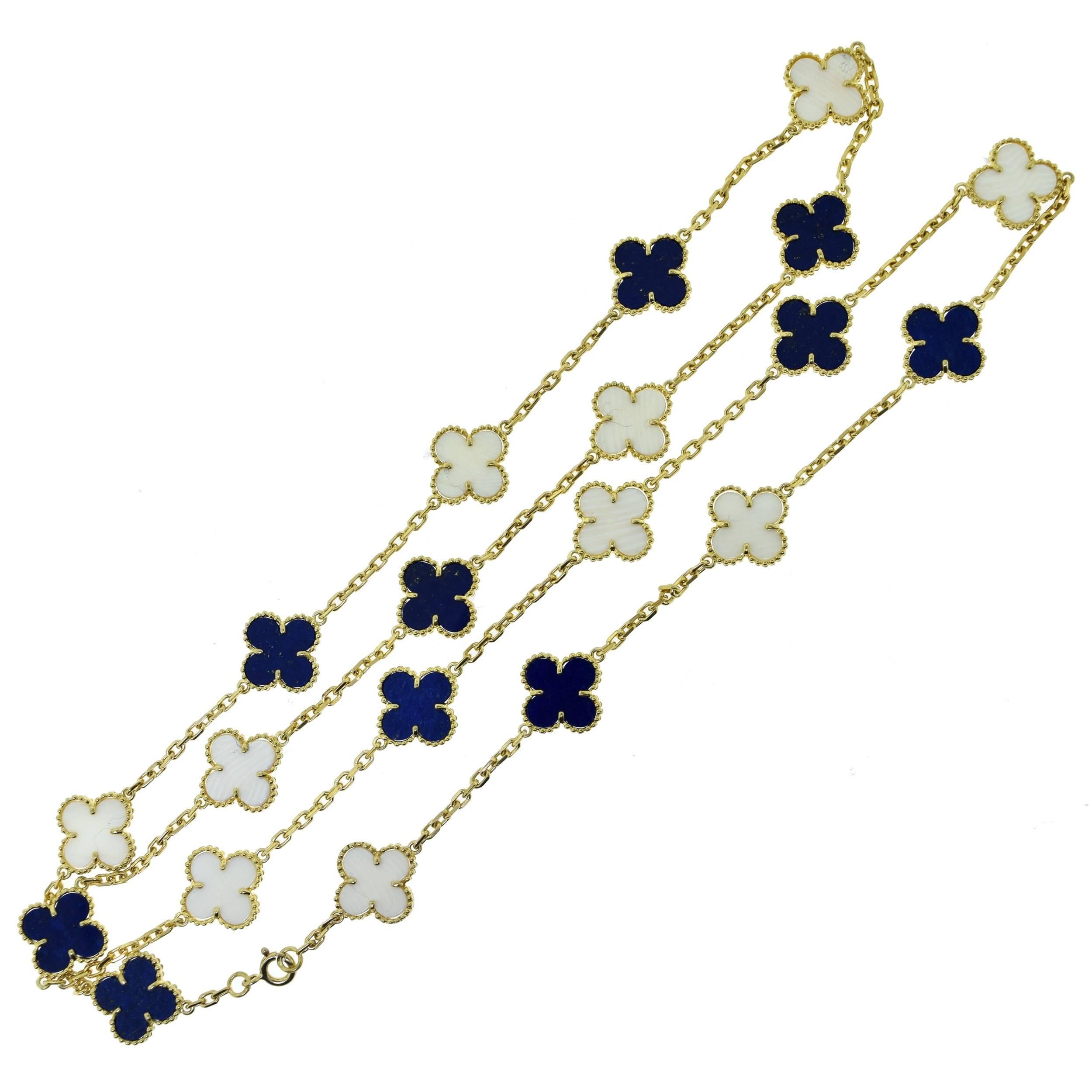 Van Cleef & Arpels Alhambra Lapis Lazuli & White Coral 20 Motif Necklace For Sale