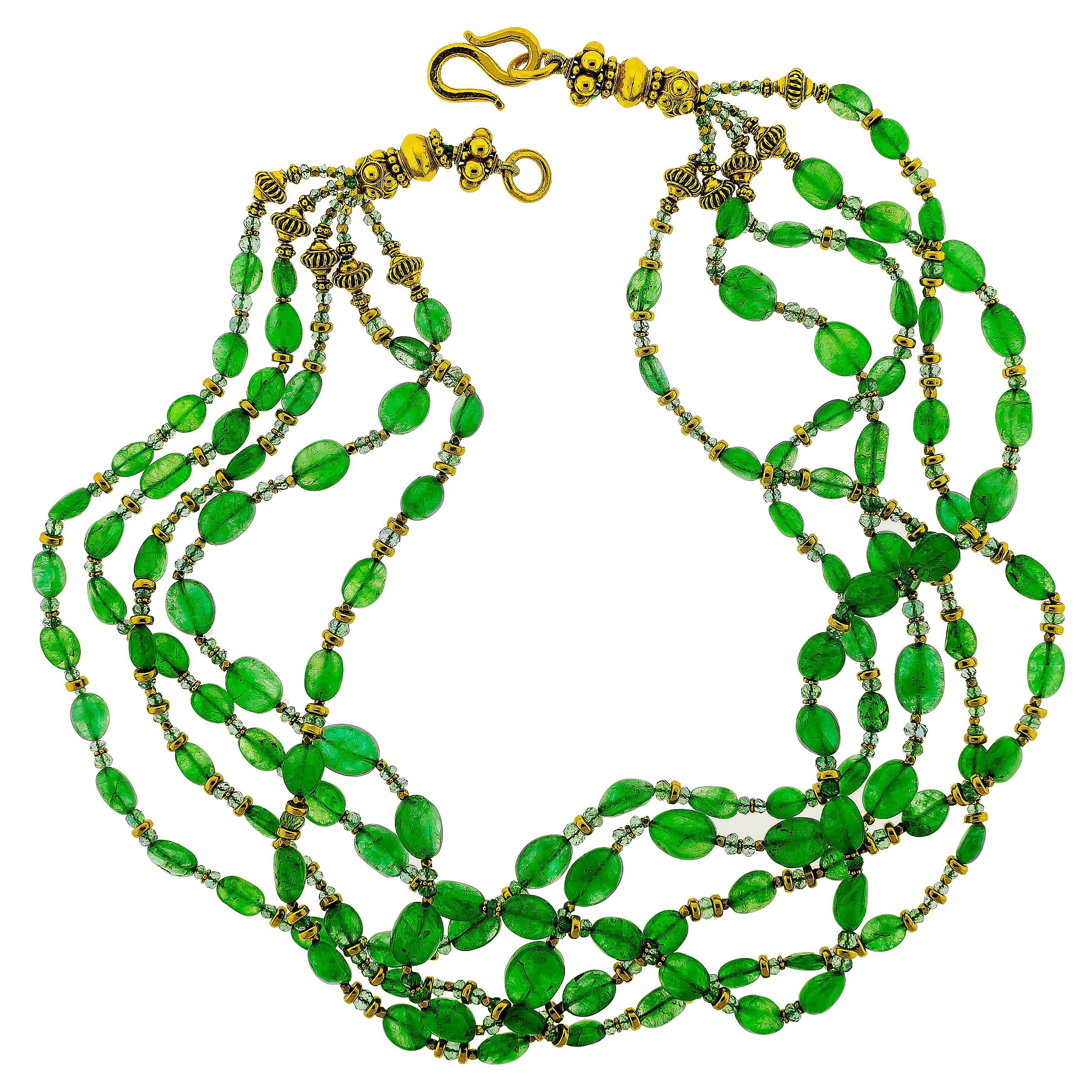 Vintage Five Strand Emerald Bead and High Karat Yellow Gold Necklace