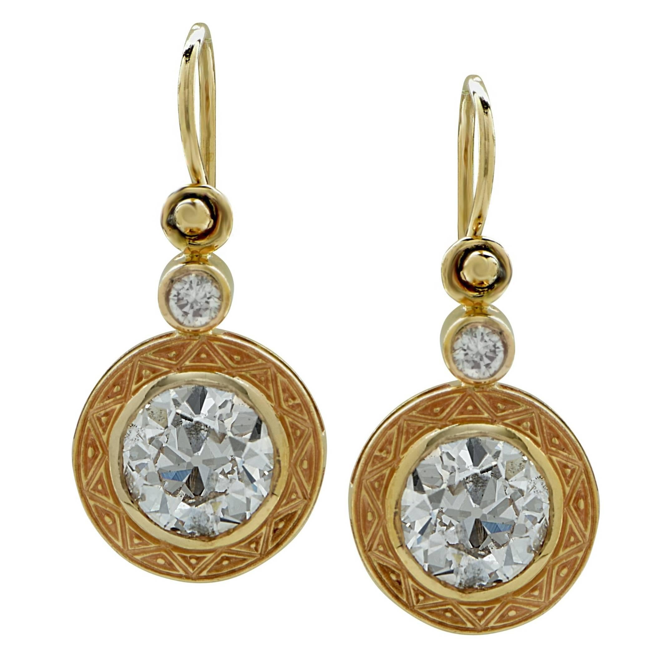 3 Carat European Cut Diamond Gold Earrings