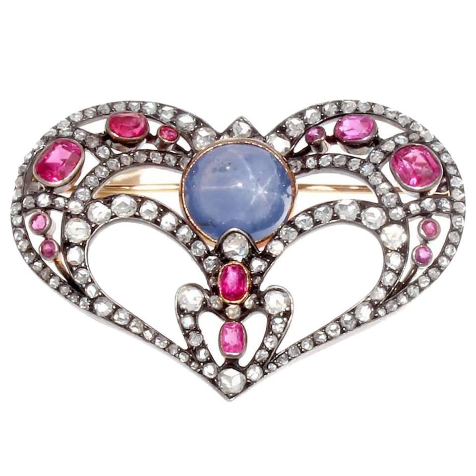 Antique Sapphire Diamond Spinel Silver Gold Heart Brooch