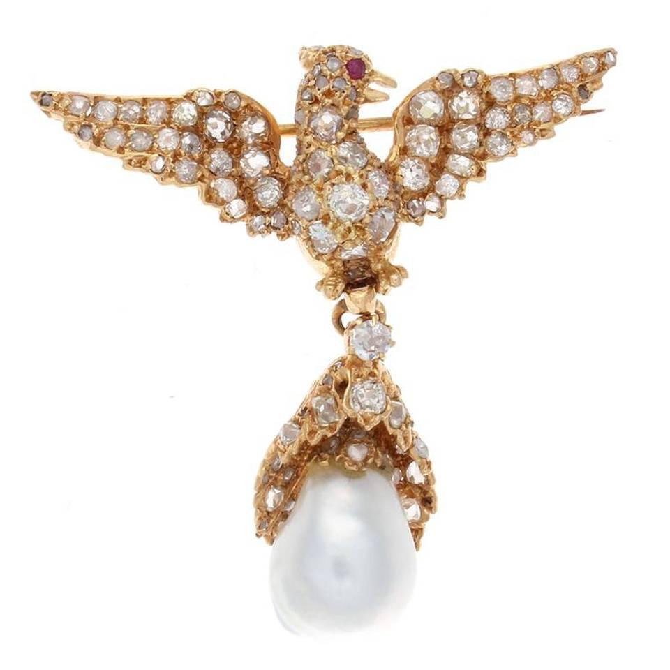 Antique Victorian Pearl Ruby Diamond Gold Bird Brooch