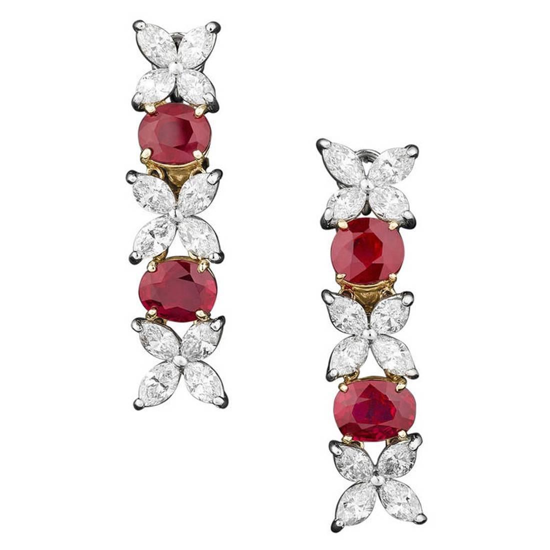 Untreated Burma Ruby and Diamond Earrings