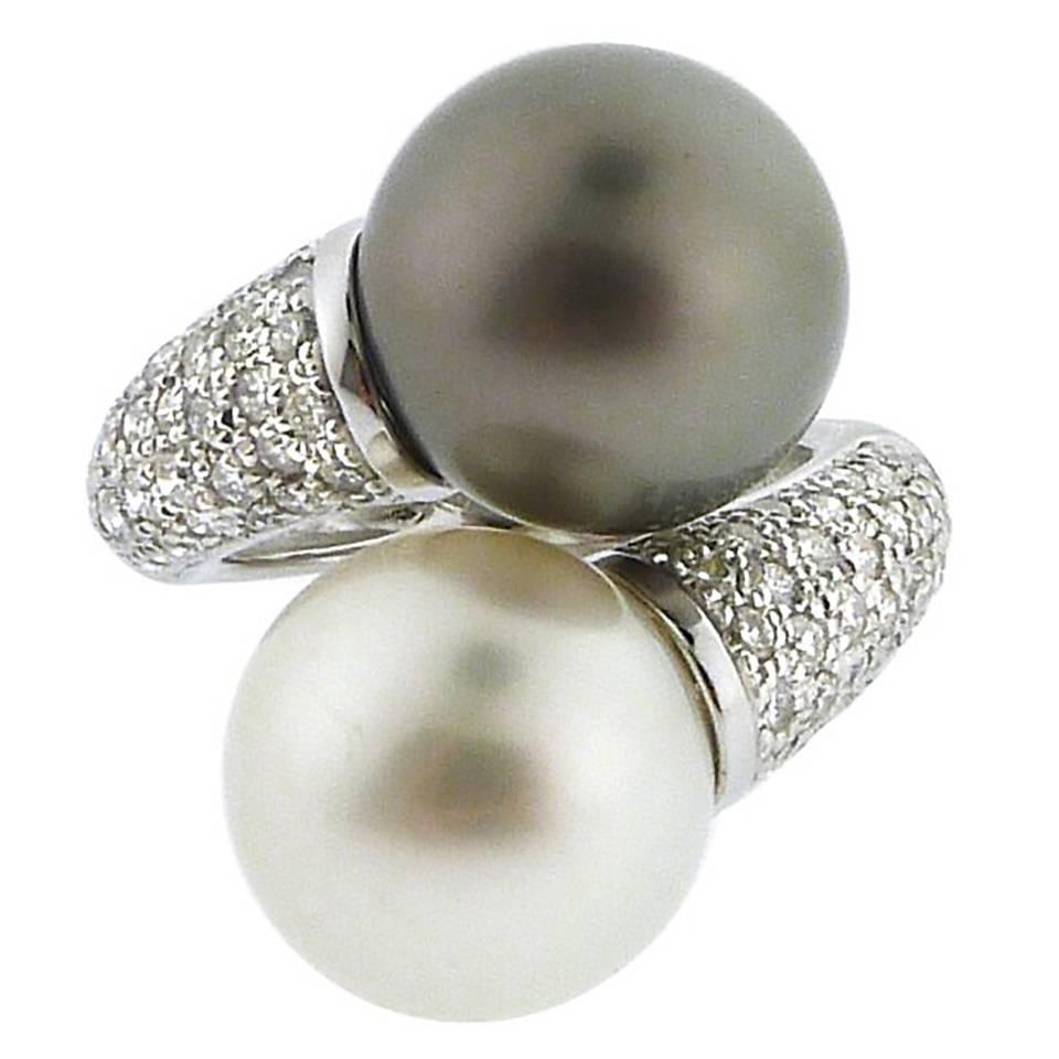 Gray and White South Sea Pearl and Diamond Ring For Sale