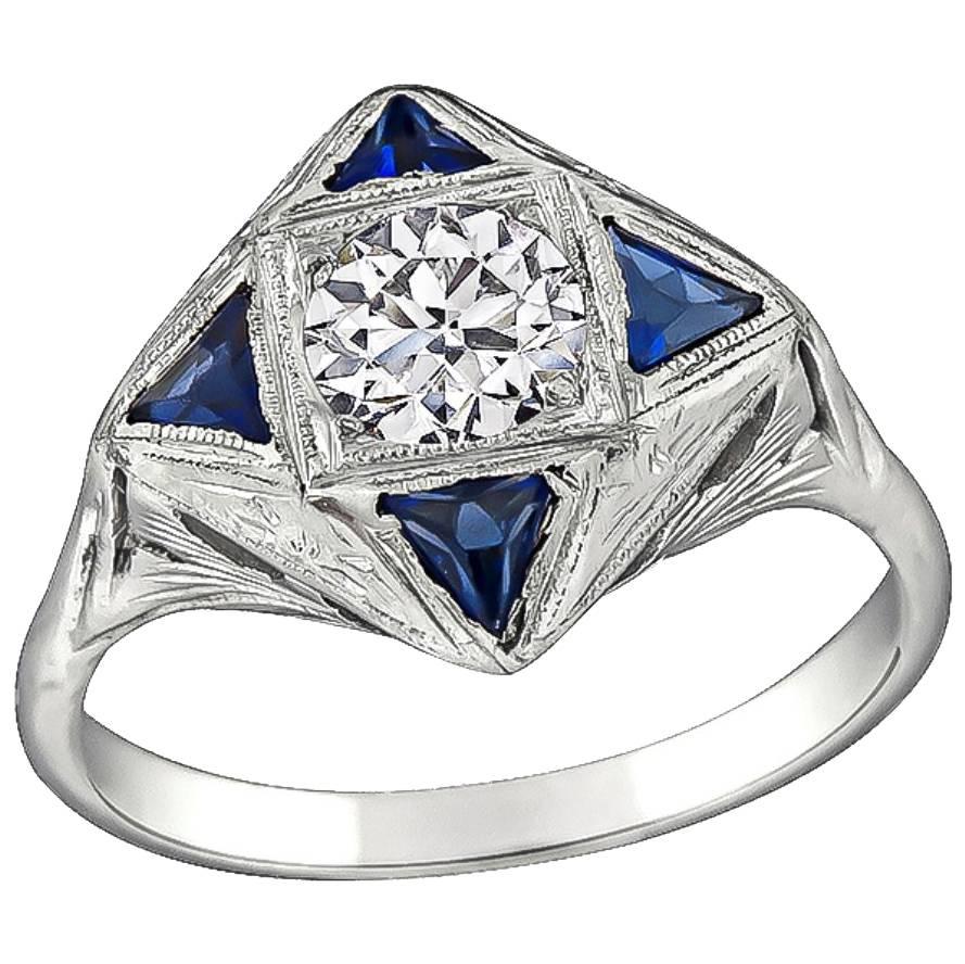 Enticing Art Deco GIA Diamond Sapphire gold Engagement Ring