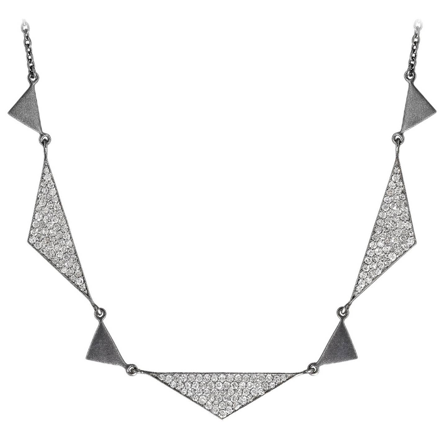 1.92 Carat Shimmering Diamond Oxidized Silver Trinity Necklace, Lauren Harper For Sale