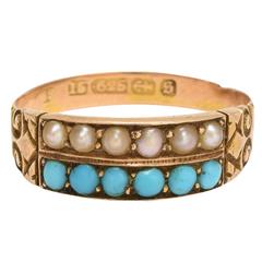 Victorian Turquoise Pearl Double Row Ring