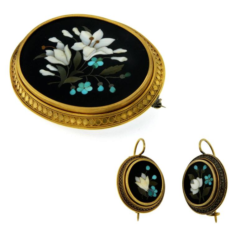 1880s Antique Mosaic Gold Brooch Earrings Set at 1stDibs