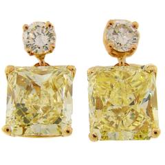 Fancy Yellow GIA and White Diamond Gold Two-Stone Stud Drop Earrings