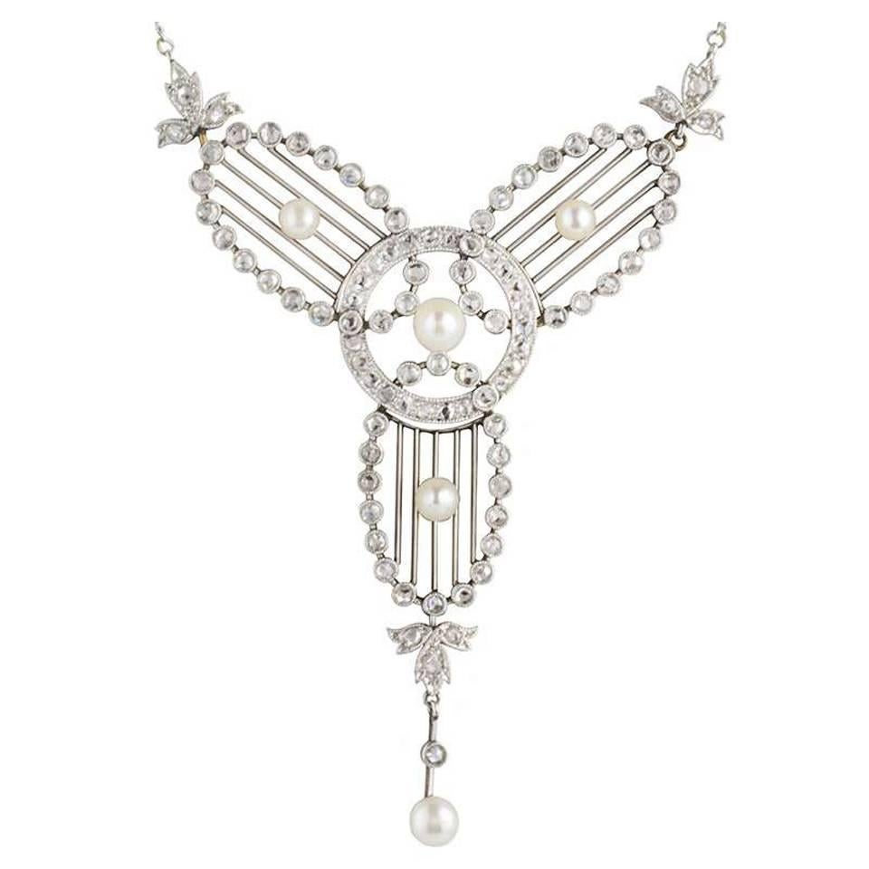 Art Deco Diamond, Pearl and Platinum Necklace