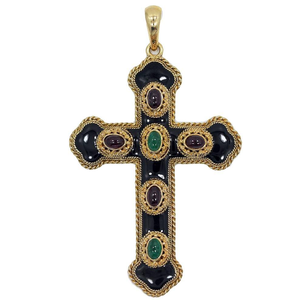  Antique Onyx Ruby Emerald Gold Cross Pendant For Sale