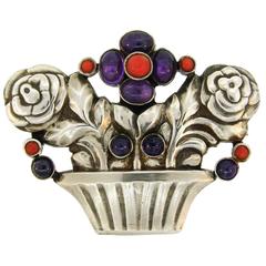 Retro Georg Jensen Amethyst Coral Silver Flower Basket Pin Brooch Clip