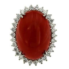 Italian 1960 Natural Red Coral and Diamonds Ring
