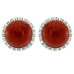 Italian 1960 Natural Red Coral Diamond Gold Earrings