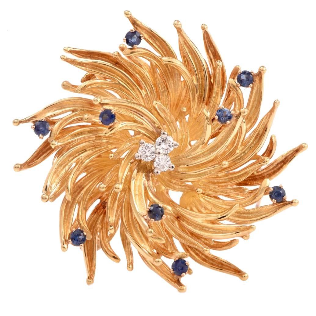 Vintage Tiffany & Co. Sapphire Diamond Gold Floral Motif Pin Brooch