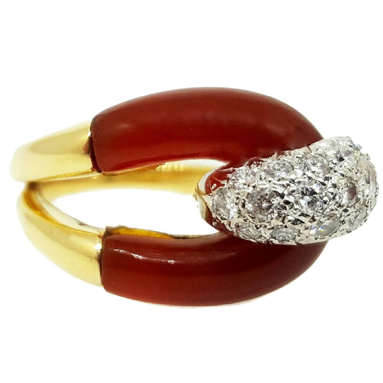 1970s  Carnelian Diamond Gold Ring