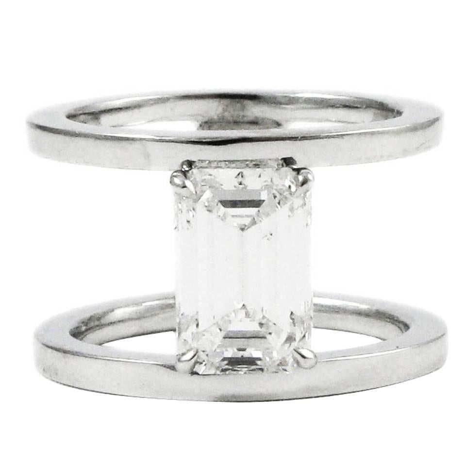 J. Birnbach Modern 2.09 Carat GIA Emerald Cut Diamond Platinum Bar Ring 