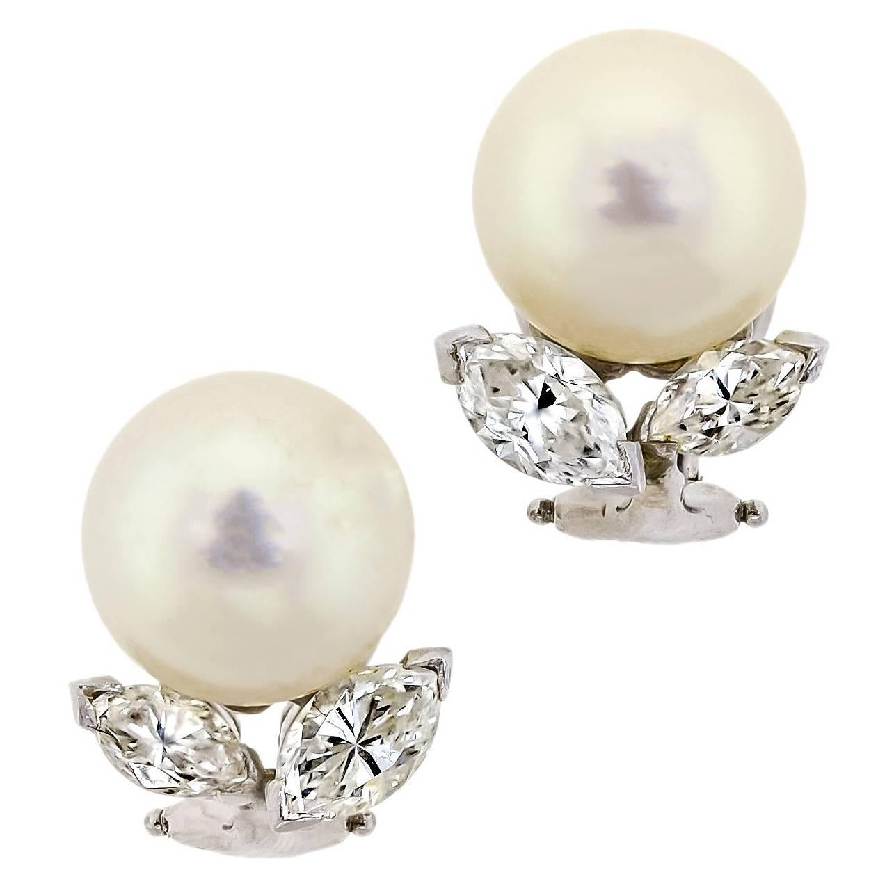 Vintage Pearl Diamond White Gold Earclips