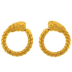 Vintage 1980s Ilias Lalaounis Gold Lion's Head Hoop Earrings