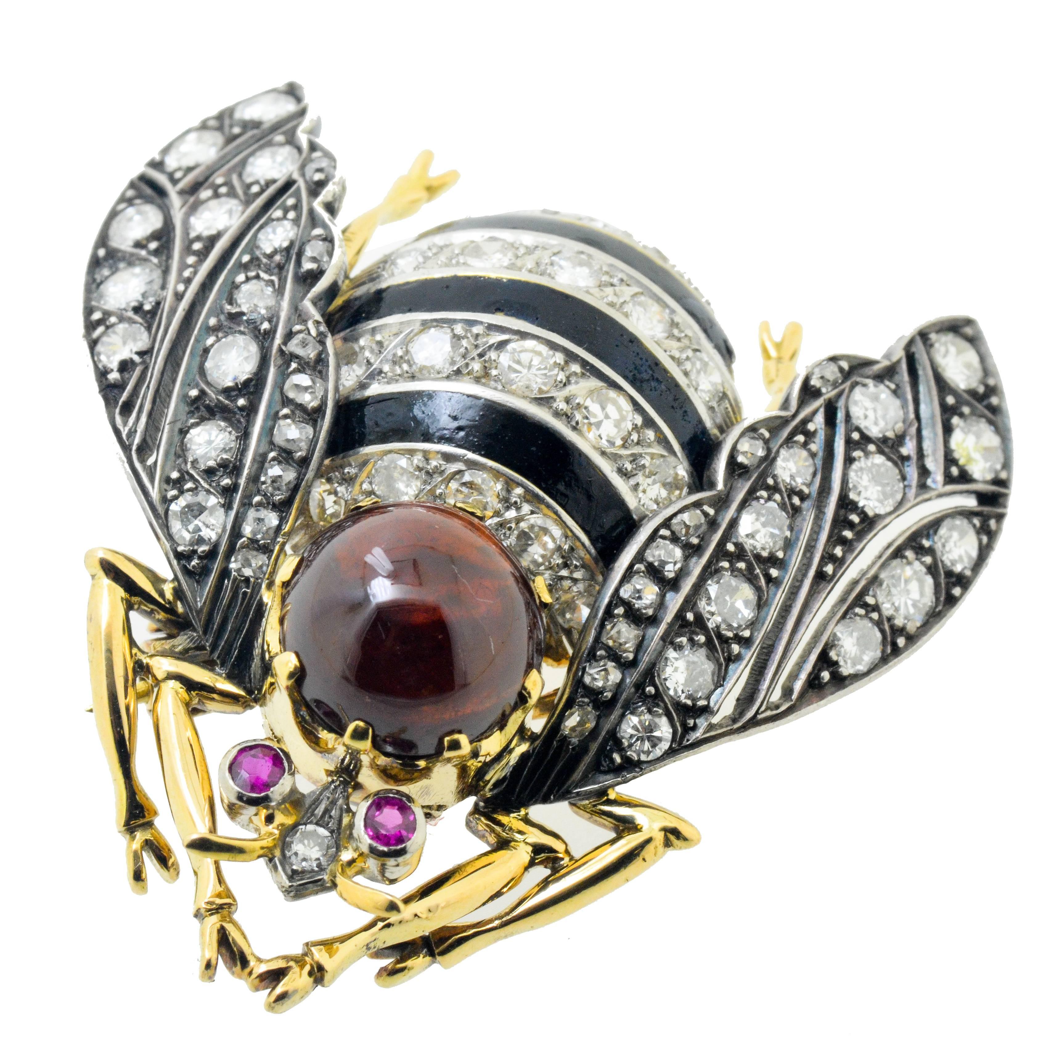 Diamond Ruby & Black Enamel Gold Brooch  For Sale