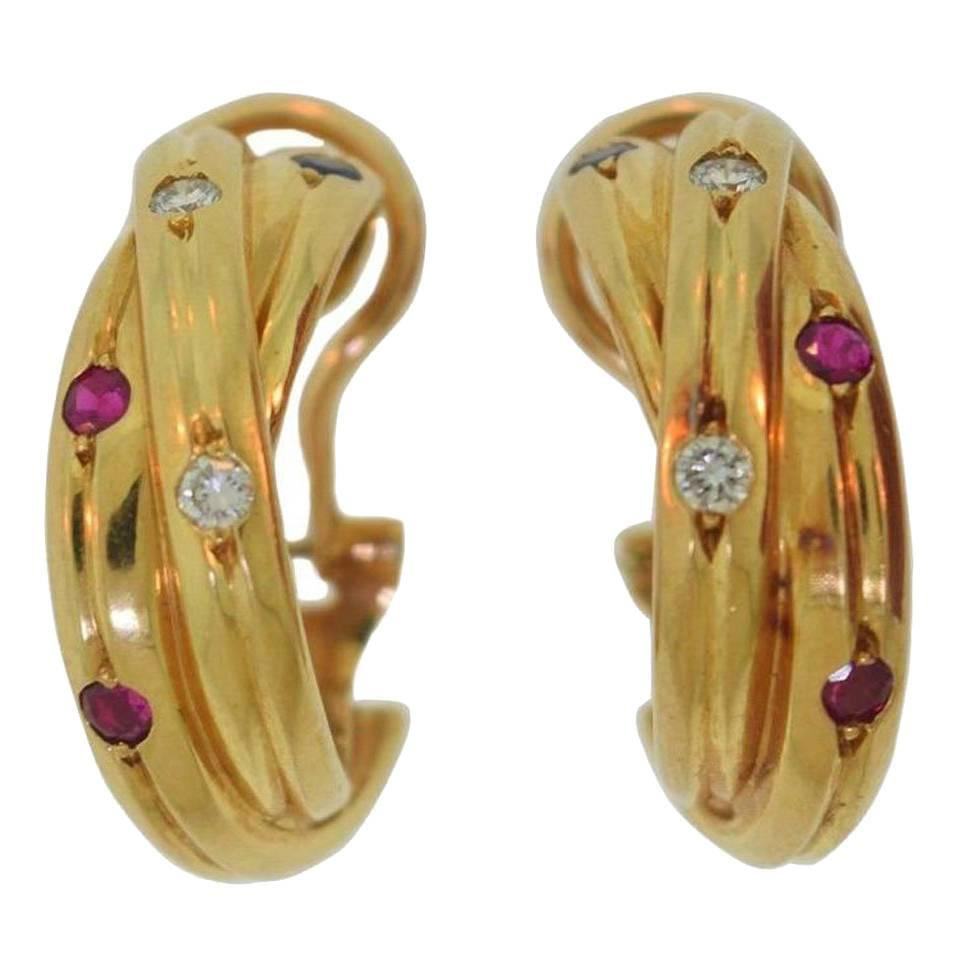 Cartier Trinity Ruby Sapphire Diamond Gold Hoop Earrings  