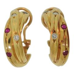 Retro Cartier Trinity Ruby Sapphire Diamond Gold Hoop Earrings  