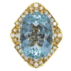 David Webb Retro Aquamarine Diamond Gold Fashion Ring 