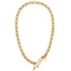 Retro Lady Cartier Panthere Pave Diamond Gold Necklace