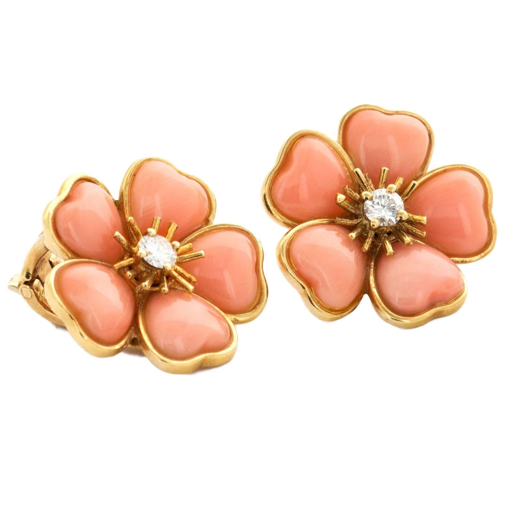 Van Cleef & Arpels Coral Diamond Gold Flower Earrings For Sale