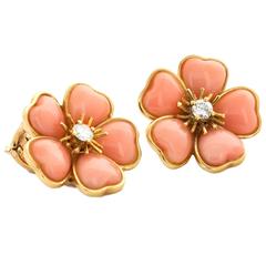 Van Cleef & Arpels Coral Diamond Gold Flower Earrings