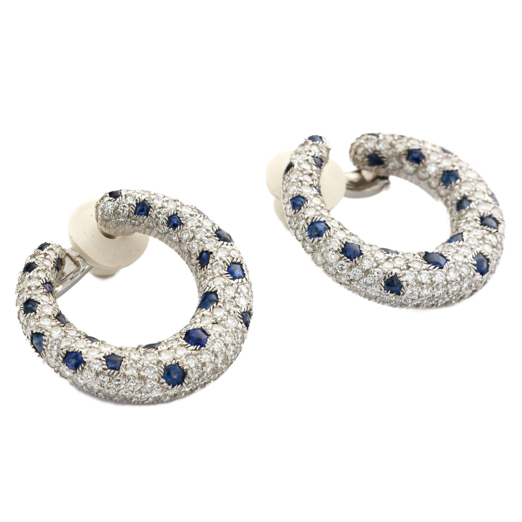 Cartier Panthere Sapphire Diamond Platinum Hoop Earrings