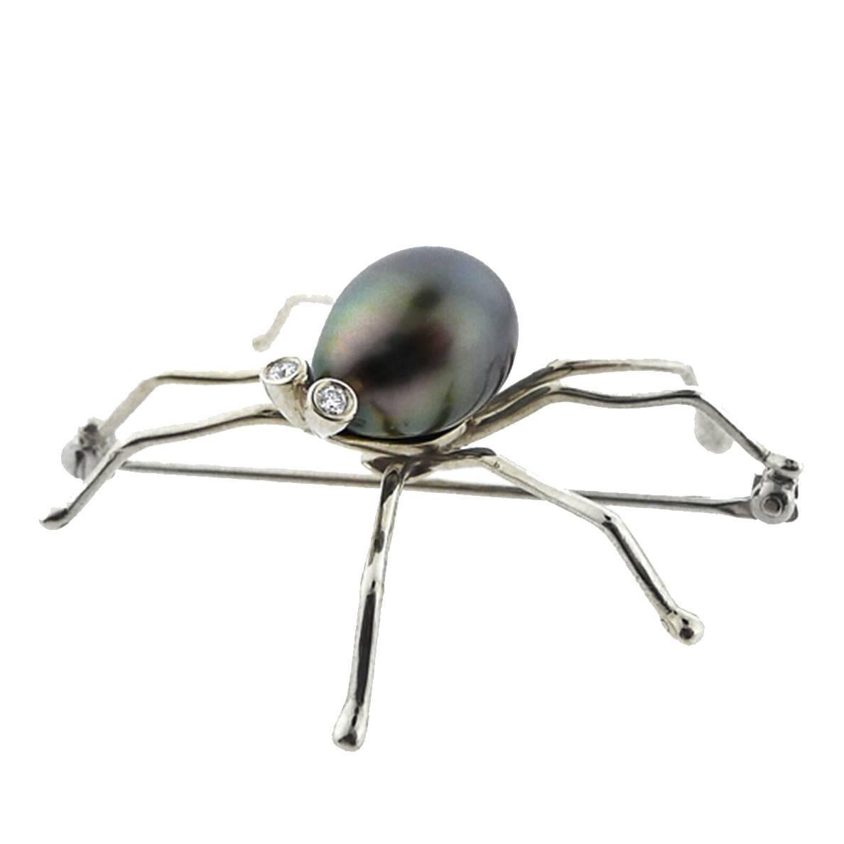 Black South Sea Pearl Diamond Spider Brooch For Sale