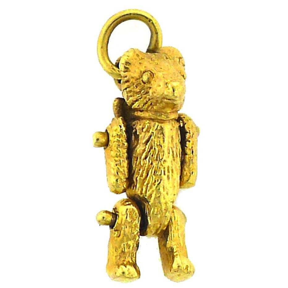 1910s Antique Handmade Gold Teddy Bear Charm with Movable Parts