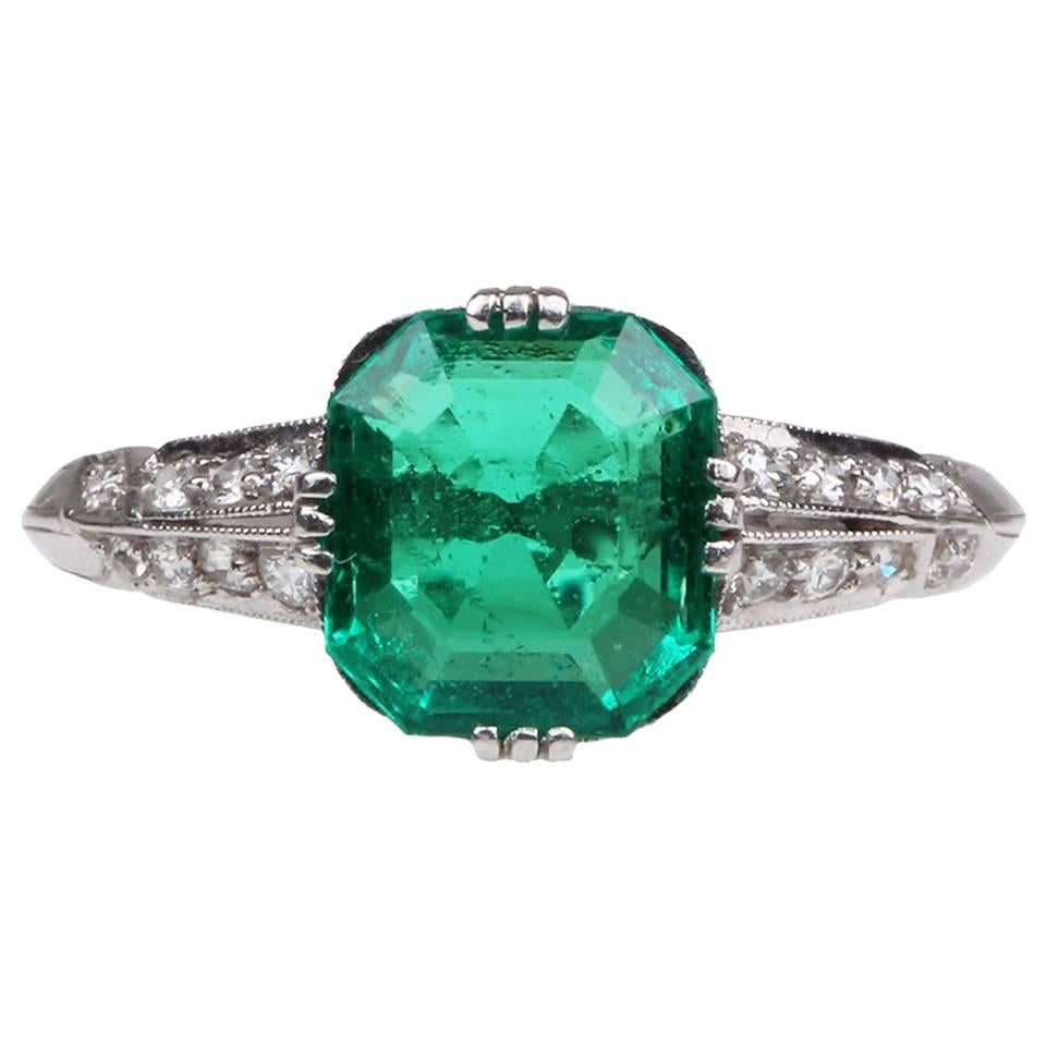  Tiffany & Co. Art Deco Emerald Diamond Platinum Ring