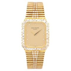 Retro Patek Philippe Yellow Gold Diamond Baguette Manual Wind Wristwatch