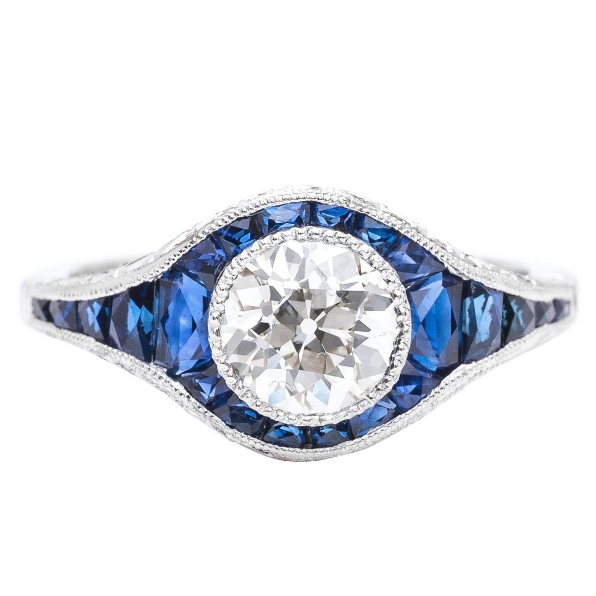 Glorious Sapphire Diamond Platinum Engagement Ring For Sale